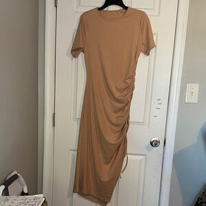 Chic Tan Ruched Midi Dress